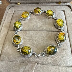Handmade sterling green yellow amber stone bracelet signed v-8
